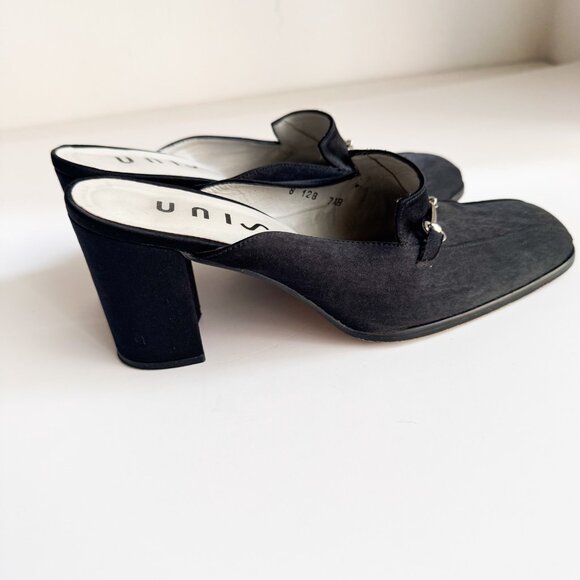 Vintage Unisa Black Satin Horsebit Detail Block Heel Slides 7.5B - Picture 4 of 10